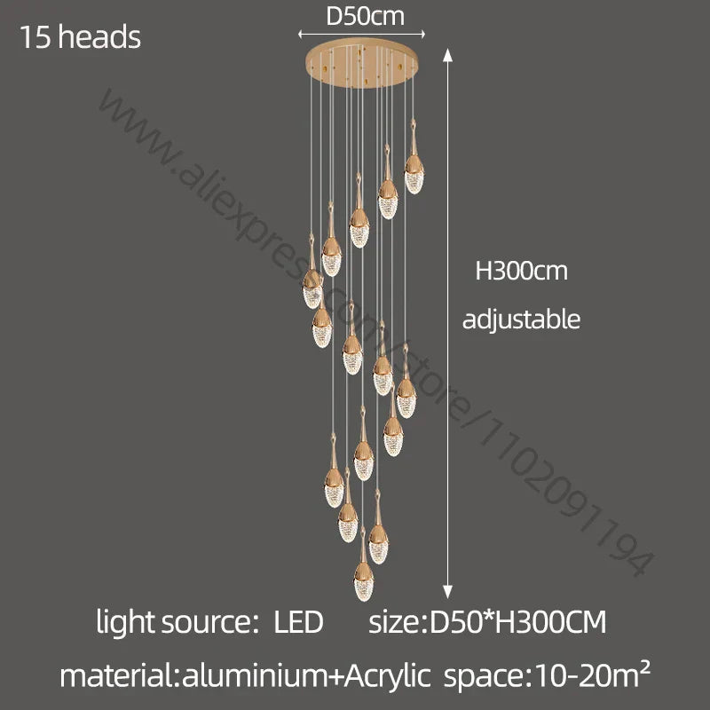 DecorBites™ Gold LED Staircase Chandelier | Luxury Large Living Room Pendant Lamp