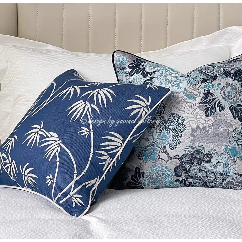 DecorBites™ Chinoiserie Blue Peony Floral Jacquard Cushion Cover - Oriental Art Decor for Sofa