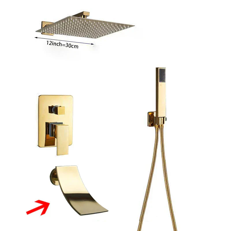 DecorBites™ Golden Bathroom Shower Set with Square Rainfall Head and Concealed Mixer Taps