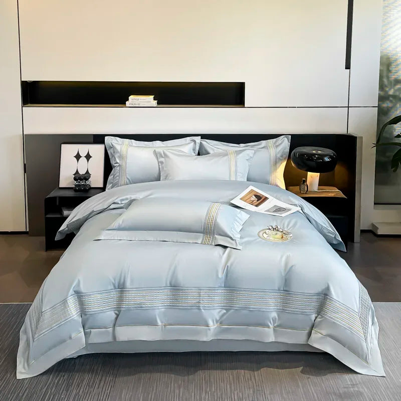 DecorBites™ 100s Egyptian Cotton Embroidery King Queen Bedding Set with Duvet Cover