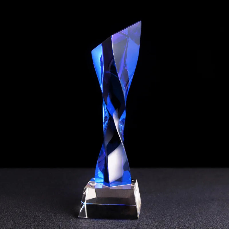 DecorBites™ Blue Glass Twisted Column Trophy - Customize Competition Prize
