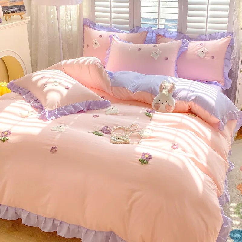 DecorBites™ Cartoon Embroidery 100% Cotton Bedding Set King Queen Bedclothes