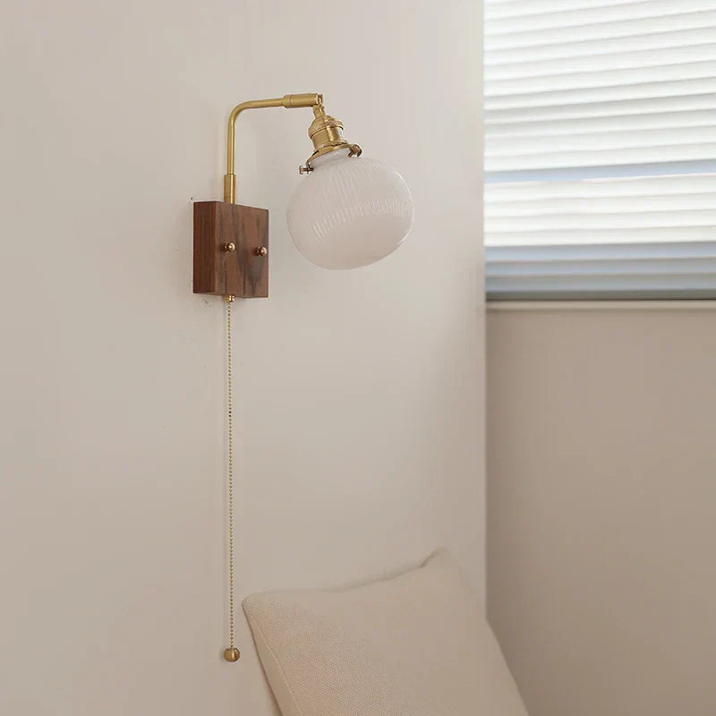 DecorBites™ Globe Ceramic Walnut Wood Wall Light with Pull Chain Switch and Rotatable Design