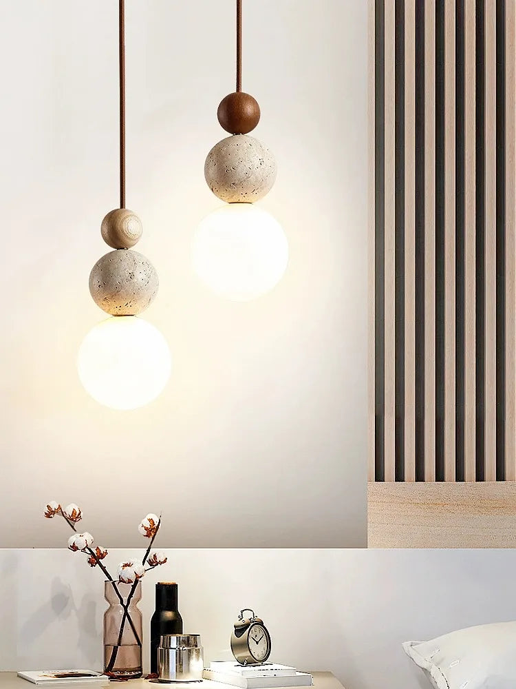DecorBites™ Cream Style LED Pendant Lamp for Bedroom and Bar - Designer Stone Wood Chandelier