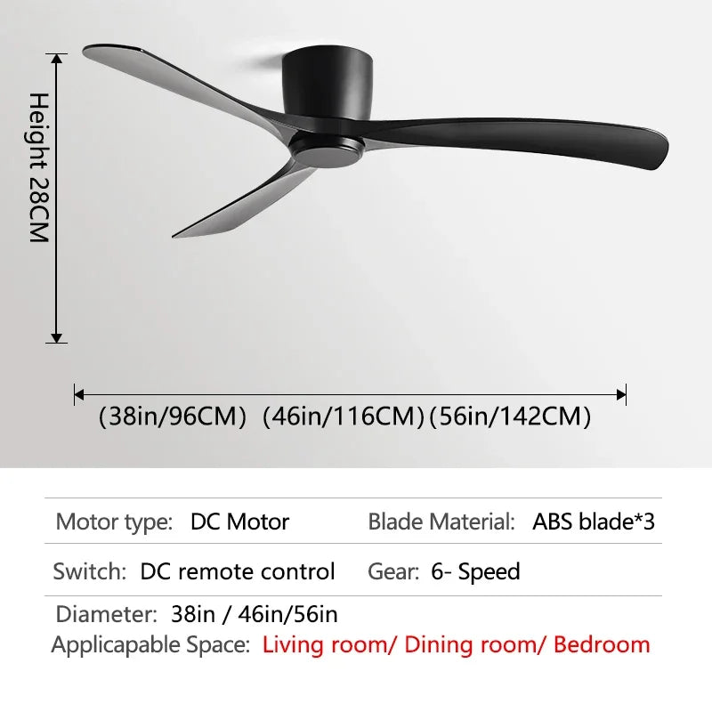 DecorBites™ Black Modern Low Profile DC Ceiling Fan with Remote Control, Strong Airflow
