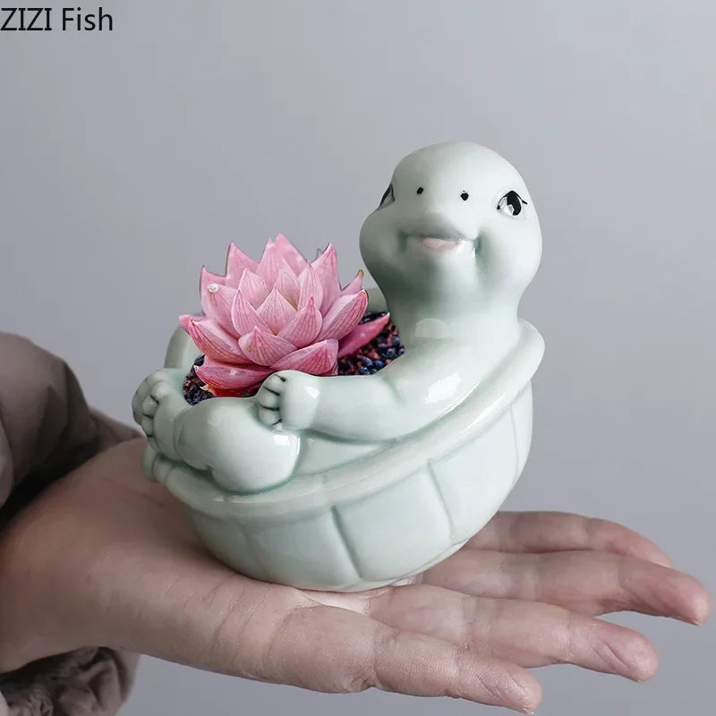 DecorBites™ Cartoon Turtle Ceramic Vase for Table Decoration and Flowers Arrangement