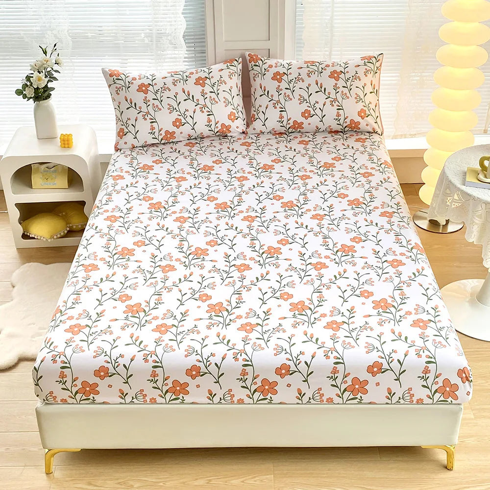 DecorBites™ Green Leaf Flower Fitted Sheet Set with 2 Pillowcases for All Seasons