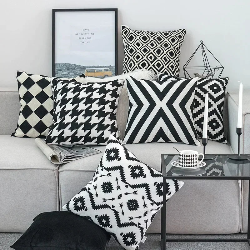 DecorBites™ Black White Embroidered Cushion Cover 45x45cm Sofa Bed Chair Home Decor