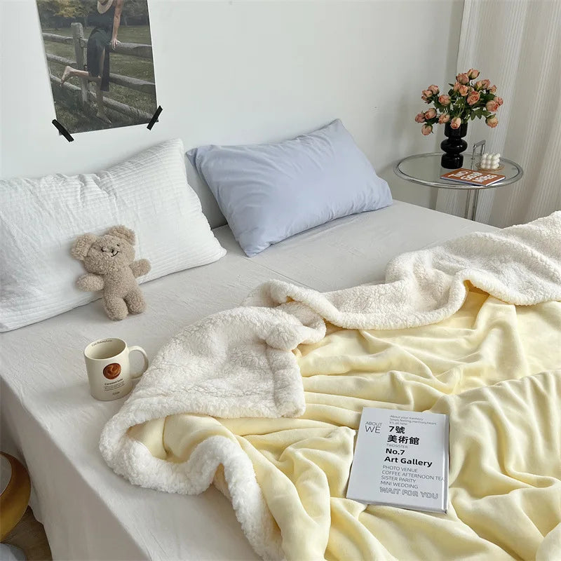 DecorBites™ Cozy Lamb Wool Blanket: High-Quality Warm Velvet Quilt for All Seasons.