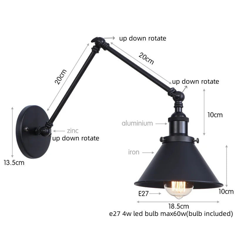 DecorBites™ Gold Long Arm LED Wall Sconce with Pull Chain Switch, Adjustable Industrial Bedside Lamp