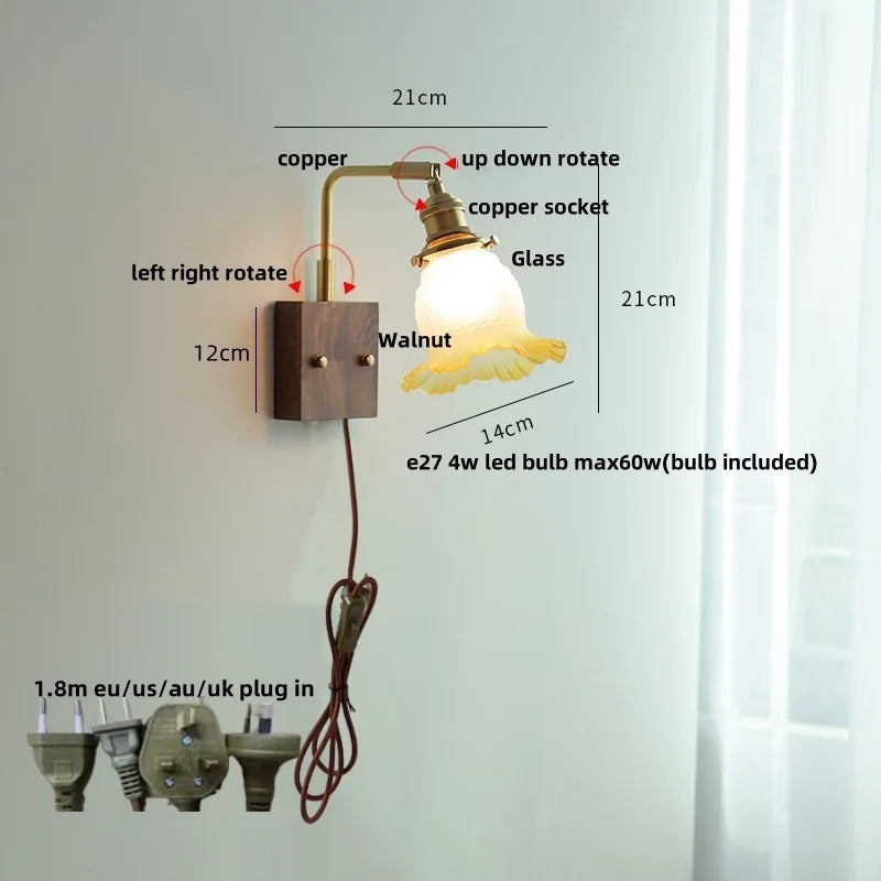 DecorBites™ Amber Glass LED Wall Sconce with Walnut Wood, Pull Chain Switch for Living Room