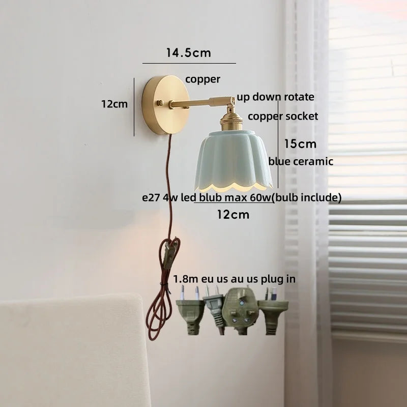 DecorBites™ Copper Wall Light Fixture Bedroom Bedside Sconce White Ceramic Lamp