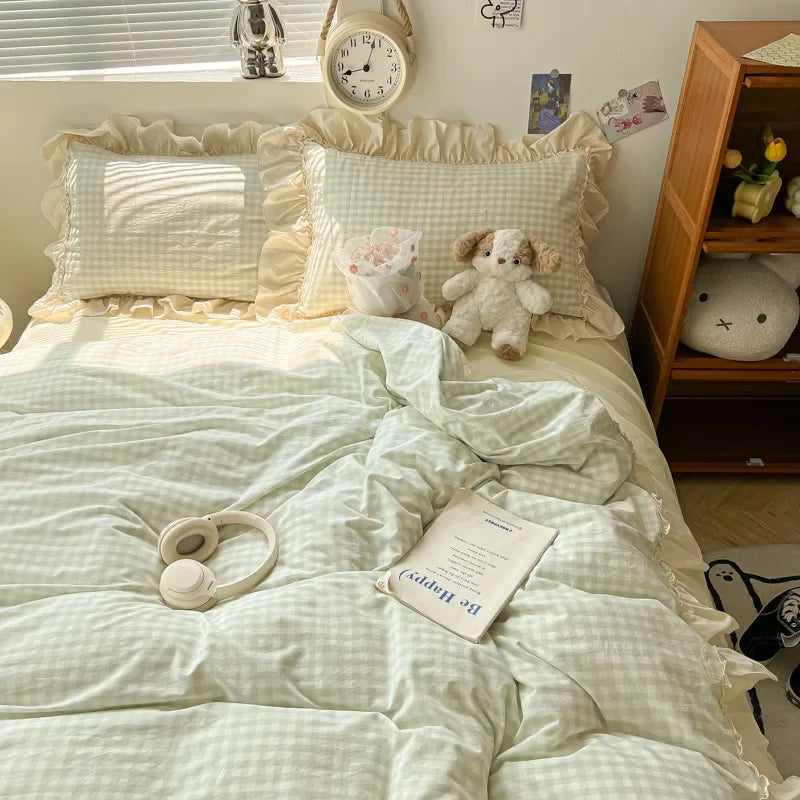 DecorBites™ Korean Grid Lace Washed Cotton Bedding Set, Cozy Comforter Cover Single Double Queen