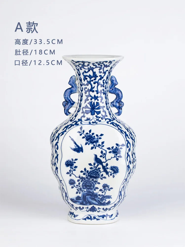 DecorBites™ Blue White Porcelain Flower Bird Two Ear Vase Antique Ornaments Jingdezhen
