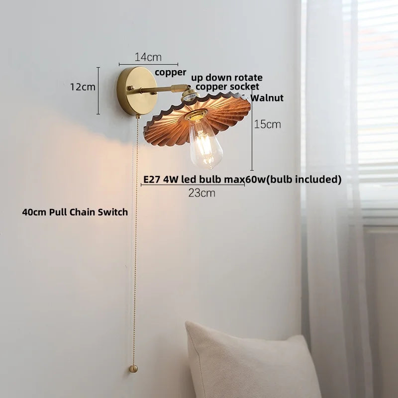 DecorBites™ LED Walnut Wood Wall Lamp Pull Chain Switch Modern Indoor Light