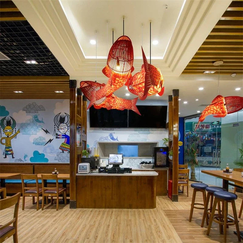 DecorBites™ Bamboo Fish Pendant Light: Chinese Style Chandelier for Modern Living Room Decor