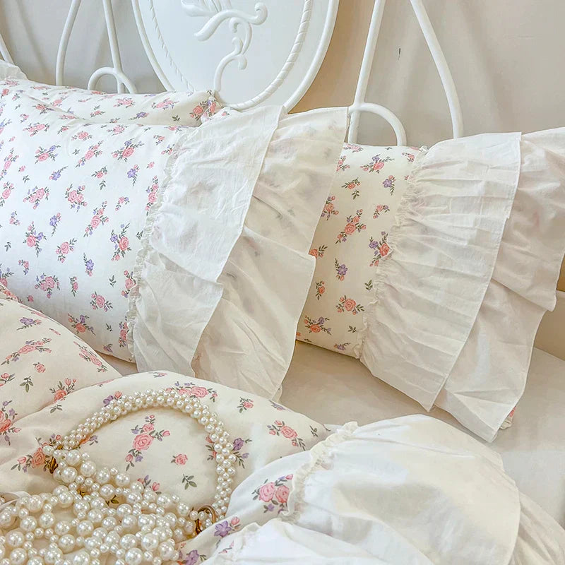 DecorBites™ Cotton Floral Print Bedding Set with Pleat Lace Ruffles, 4-Piece Ensemble