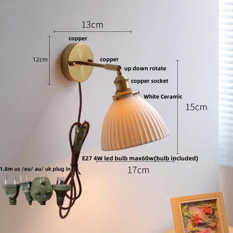 DecorBites™ Copper Wall Light Fixture Bedroom Bedside Sconce White Ceramic Lamp