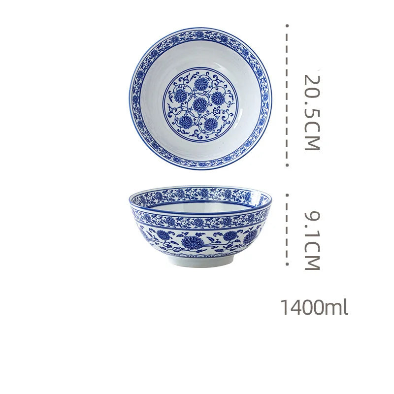 DecorBites™ Blue and White Retro Ceramic Soup Noodle Bowl