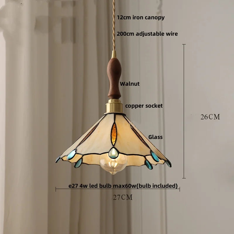 DecorBites™ LED Pendant Light: Japan Style White Glass, Copper Socket, Walnut Wood Lamp