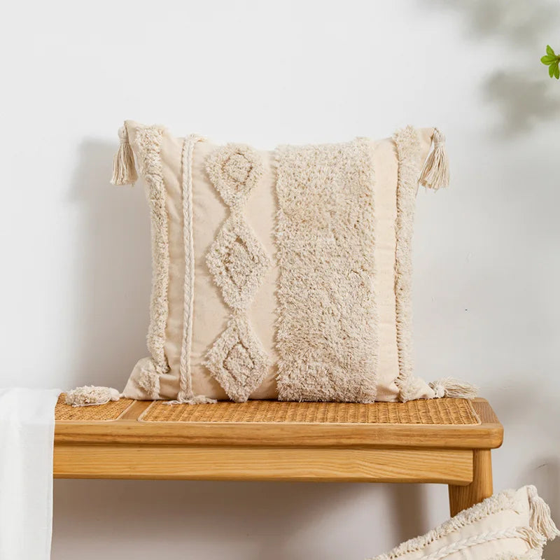DecorBites™ Boho Tufted Embroidered Cotton Canvas Cushion Cover Grey Beige Tassel Pillowcase