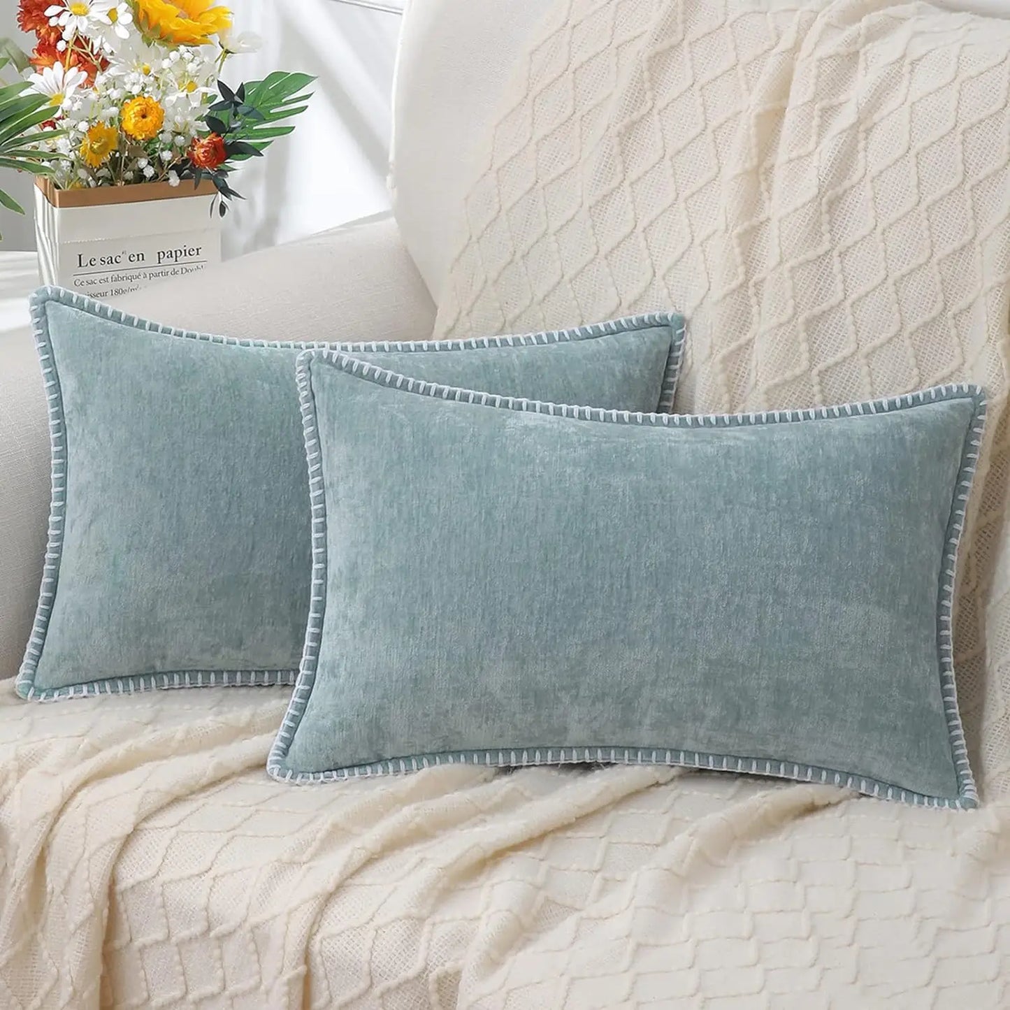 DecorBites™ Blue Chenille Cushion Covers 18x18 Luxury Throw Pillow Cover for Home Decor