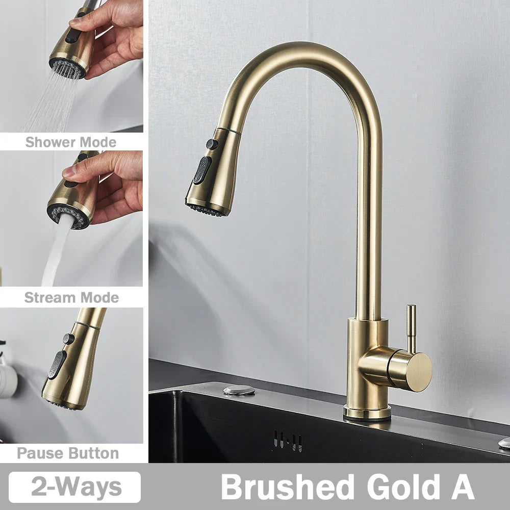 DecorBites™ Brushed Nickel Kitchen Faucet with Flexible Pull Out Nozzle and Stream Sprayer