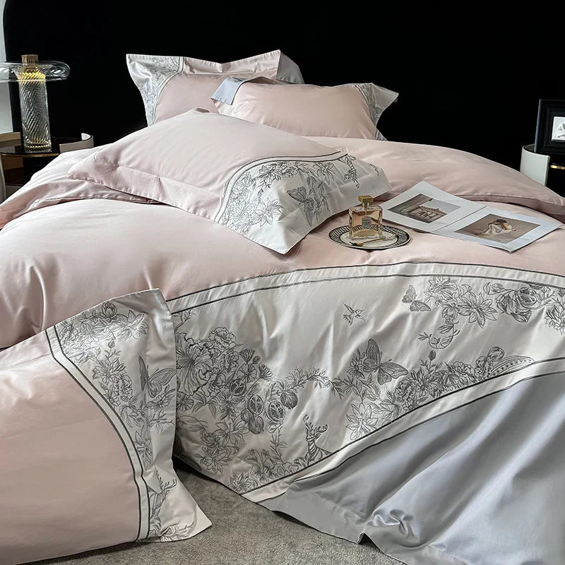 DecorBites™ Luxe Butterfly Flowers Embroidery Bedding Set with Duvet Cover Sheet Pillowcases 4Pcs
