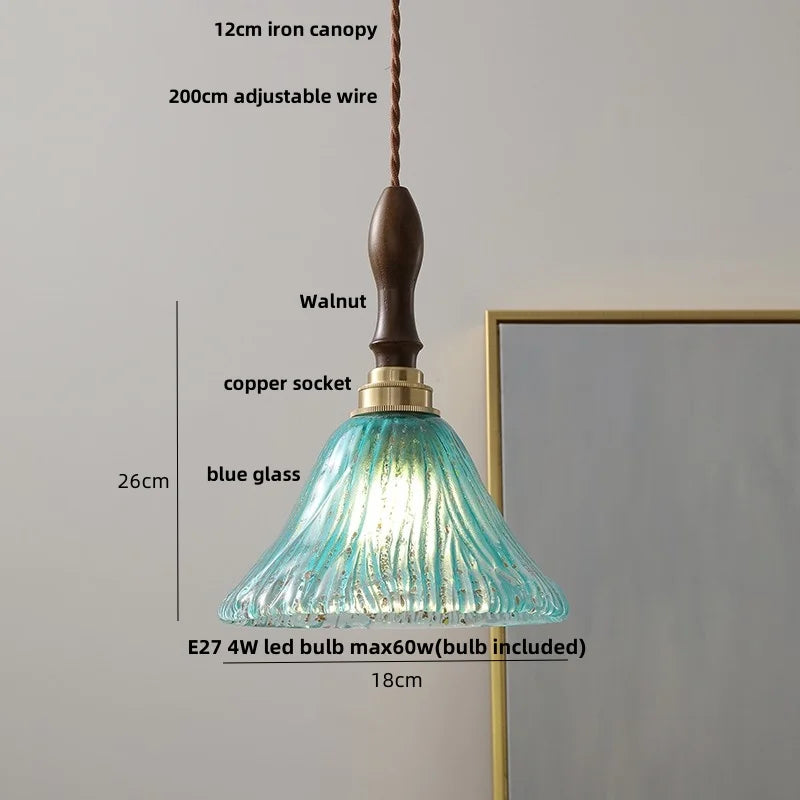 DecorBites™ LED Pendant Light: Japan Style White Glass, Copper Socket, Walnut Wood Lamp
