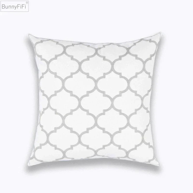 DecorBites™ Geometric Embroidered Cushion Cover Light Grey Cotton 45x45cm