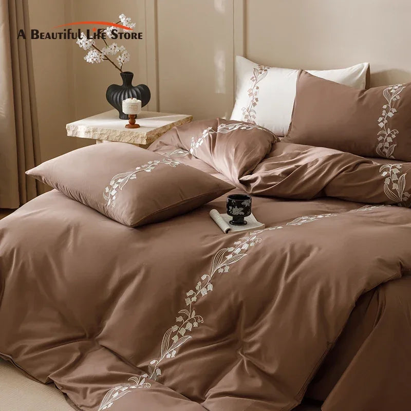 DecorBites™ Elegant Lily of the Valley Embroidery Brown Cotton Bedding Set
