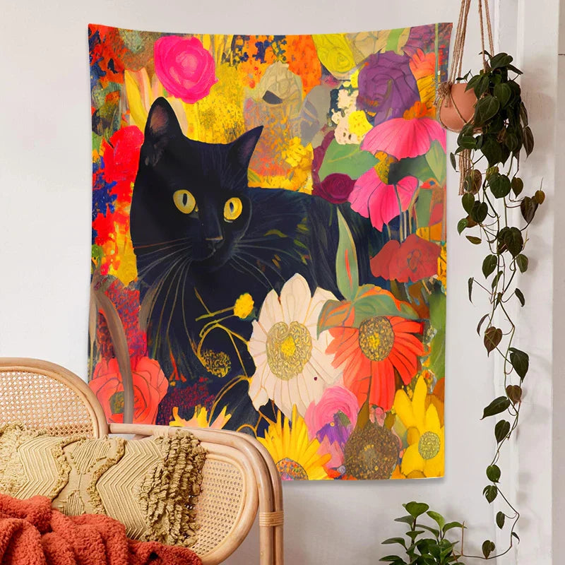 DecorBites™ Cat Print Poster: Funny Black Cat in Floral Bouquet - Boho Home Decor