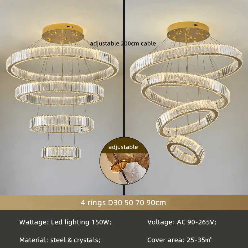 DecorBites™ Crystal Circle LED Chandelier: Dimmable Pendant Lighting for Modern Stairs
