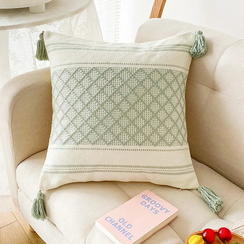 DecorBites™ Blue Diamond Jacquard Tassel Cushion Cover 45x45cm