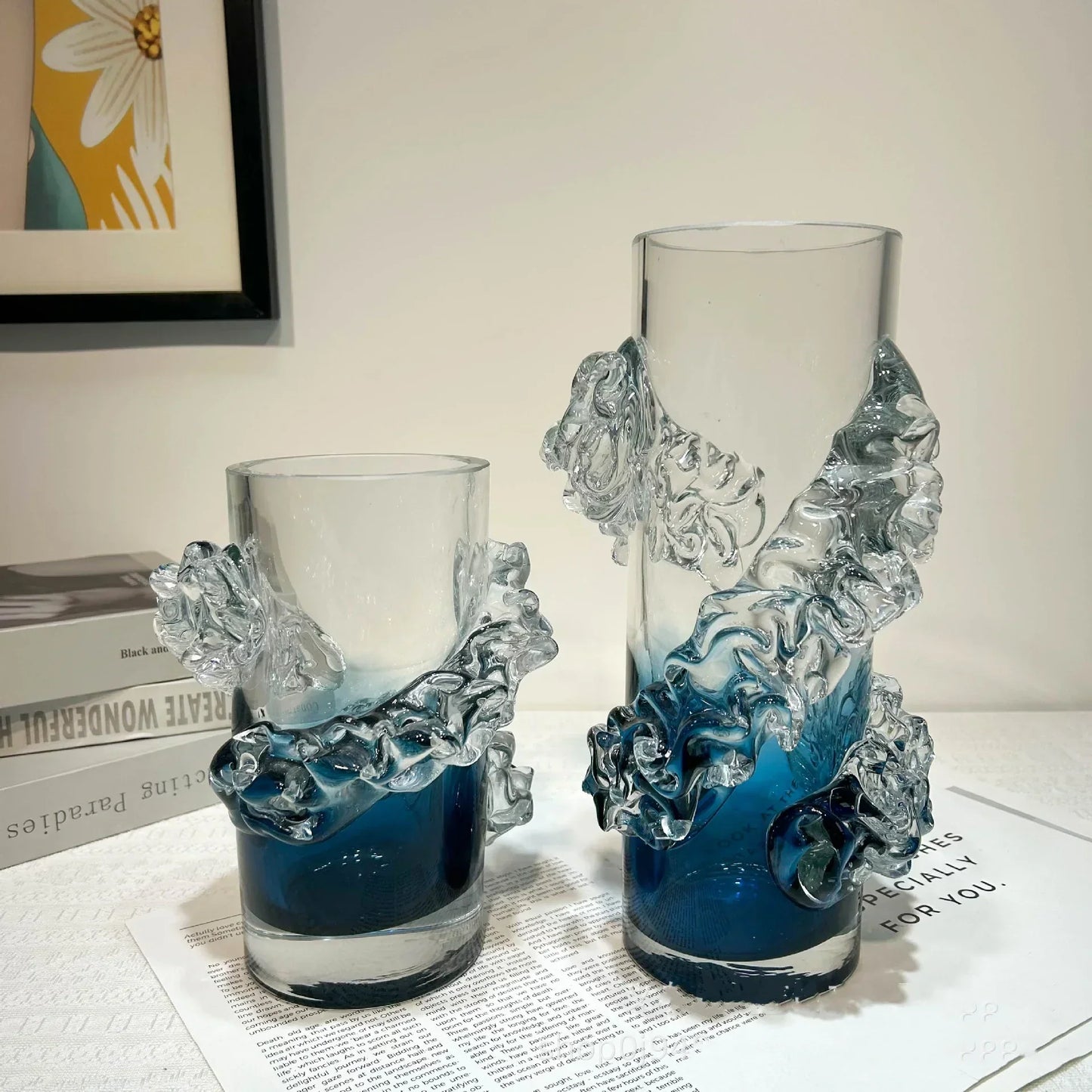 DecorBites™ Blue Gradient Wavy Glass Vase for Floral Arrangements and Room Decor