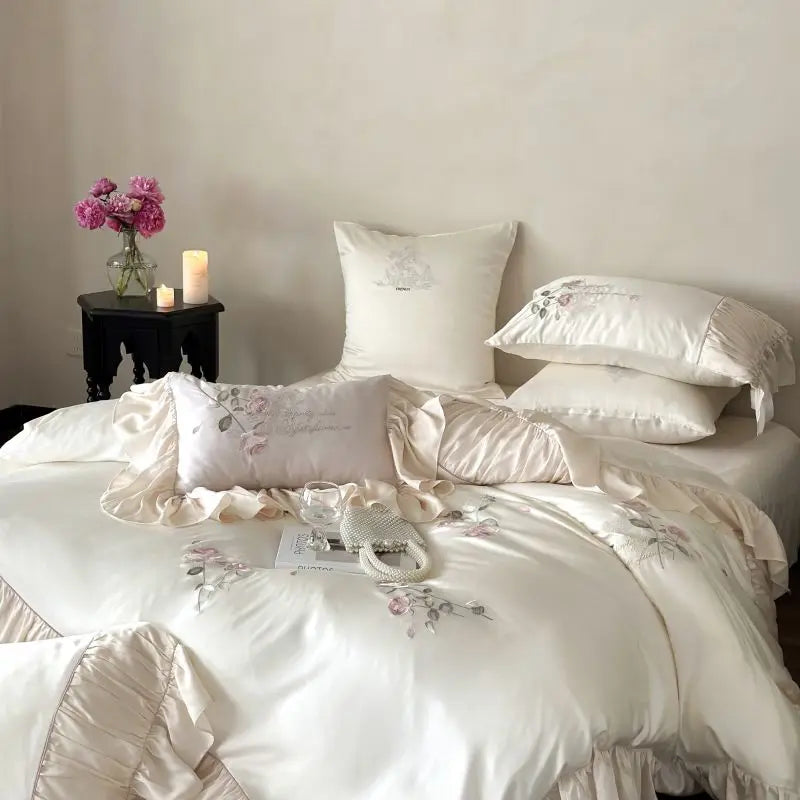 DecorBites™ Embroidered Lace Princess Bedding Set - 4 Piece Cotton Flowers Collection