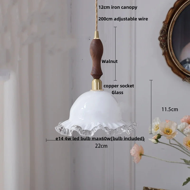 DecorBites™ Amber Glass LED Pendant Lamp Walnut Wood Copper Hanging Light