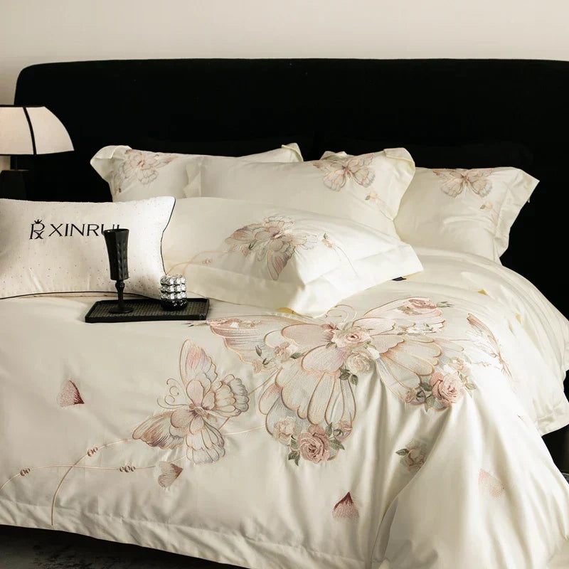 DecorBites™ Luxe Butterfly Flowers Embroidery Bedding Set 800TC Egyptian Cotton Duvet Covers Sheets Pillowcases