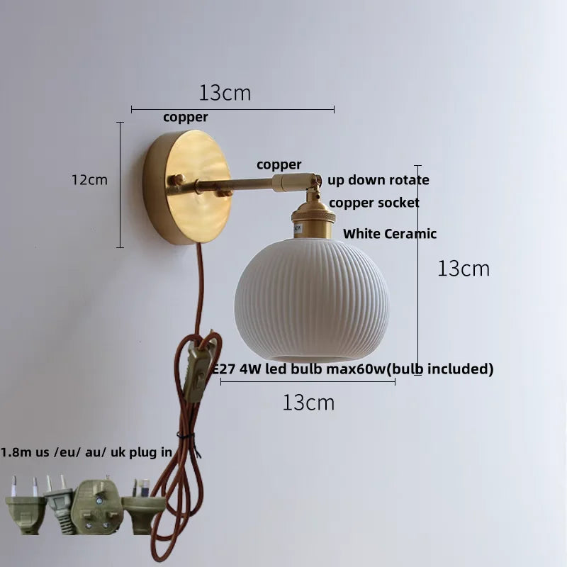 DecorBites™ Copper Canopy LED Wall Sconce, White Ceramic Bedside Light for Bedroom, Modern Nordic Design