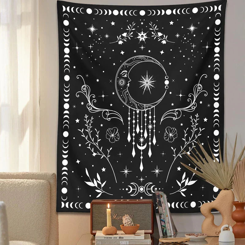 DecorBites™ Celestial Moon Phase Tapestry with Floral Accents