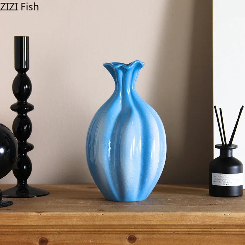 DecorBites™ Blue Ceramic Flower Bud Vase for Table Decoration and Room Aesthetic