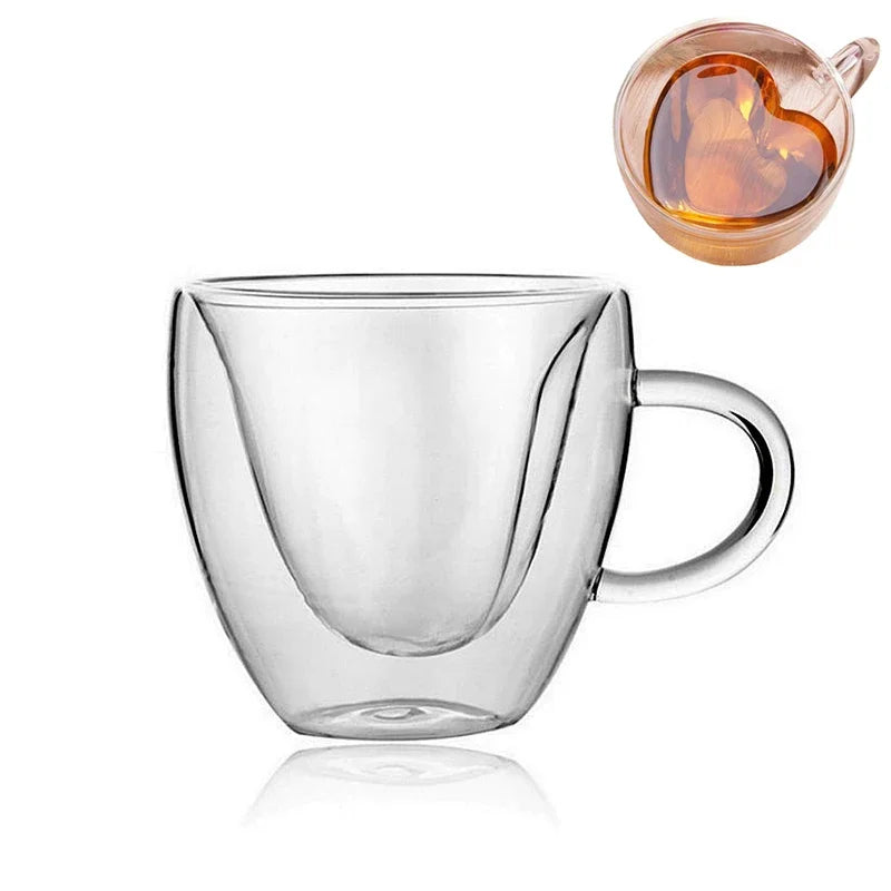 DecorBites™ Heart Love Double Wall Glass Mug with Handle for Coffee Tea Milk Juice