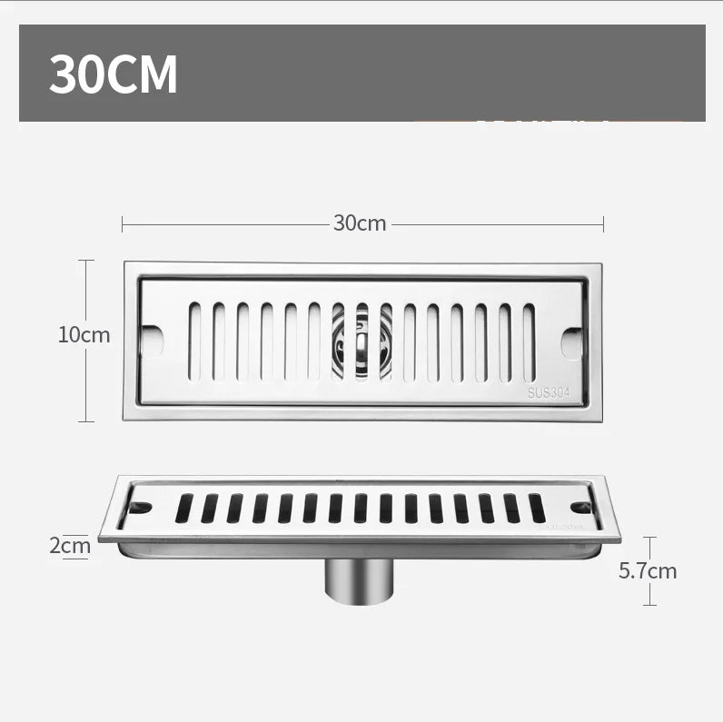 DecorBites™ Black 304 Stainless Steel Strip Floor Drain for Toilet, Shower, Large Overflow