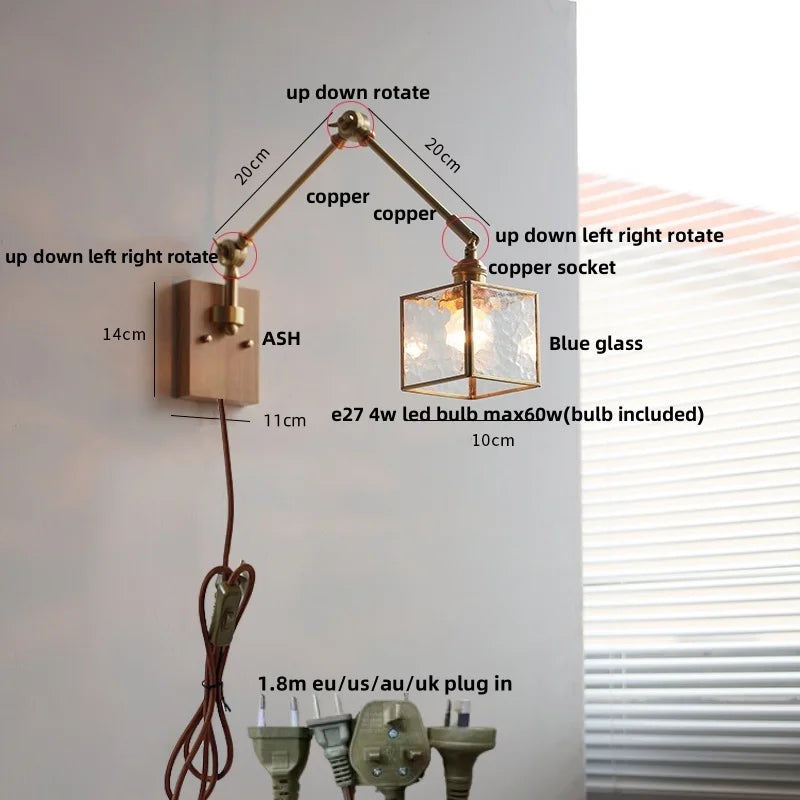 DecorBites™ Ash Wood LED Swing Arm Wall Light with Pull Chain Switch & Blue Glass