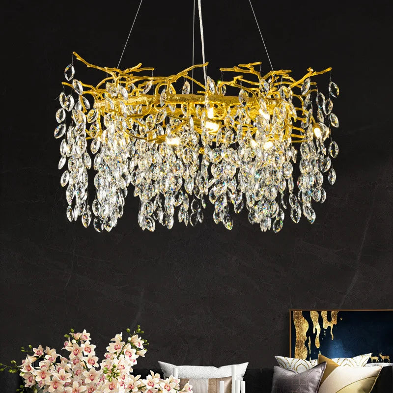 DecorBites™ Golden Crystal Tree Chandelier, Luxury Matte Aluminum Art Ceiling Light for Living Room