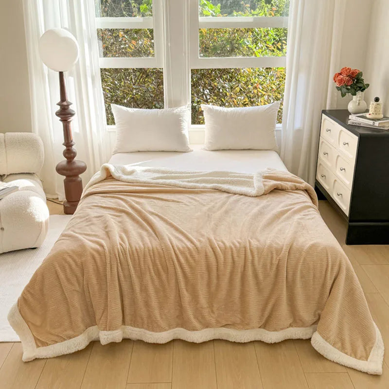 DecorBites™ Double-Layer Coral Fleece Jacquard Blanket: Warm & Multi-Functional for Home & Travel