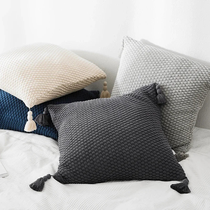 DecorBites™ Knitted Grey Ivory Geometric Pillow Cover with Tassels, 45cm x 45cm