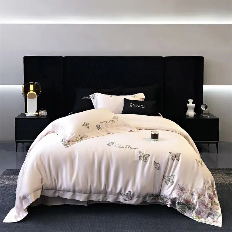 DecorBites™ Butterfly Flowers Embroidery Bedding Set: Silky Soft Eucalyptus Fiber Duvet Cover