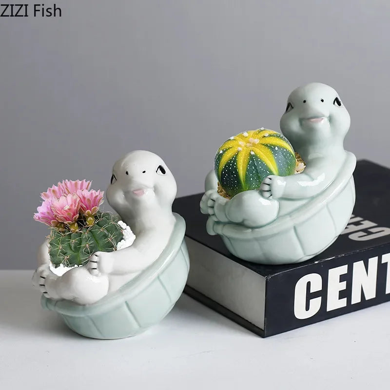 DecorBites™ Cartoon Turtle Ceramic Vase for Table Decoration and Flowers Arrangement