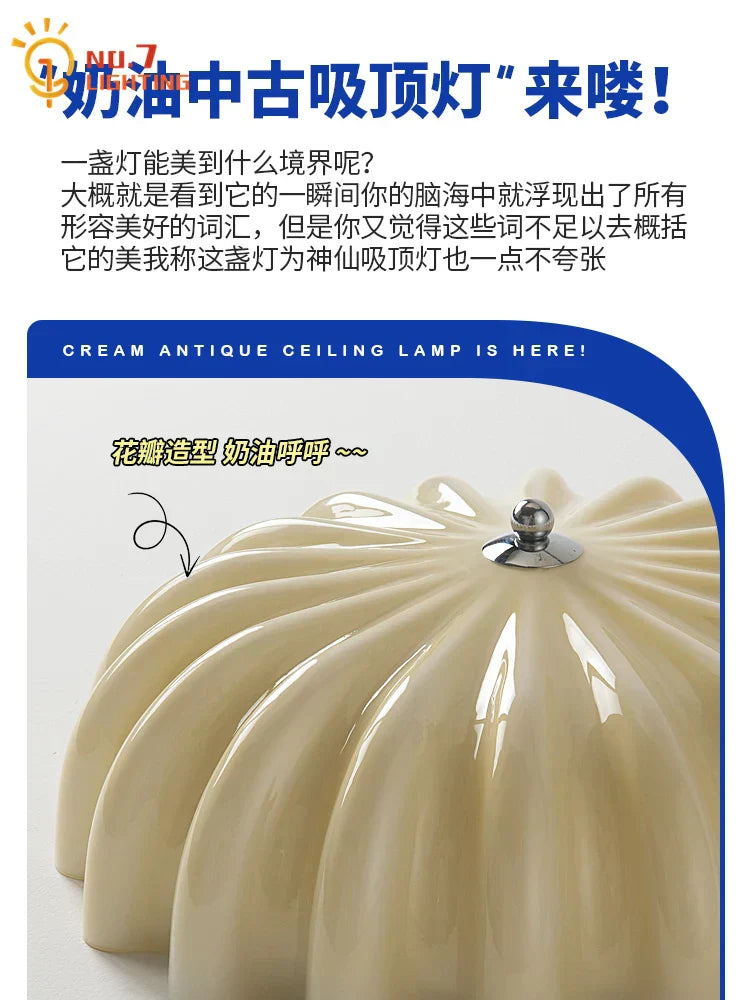 DecorBites™ Cream Wind LED Glass Ceiling Lamp: French Design for Bedroom, Study, Balcony, Cafe